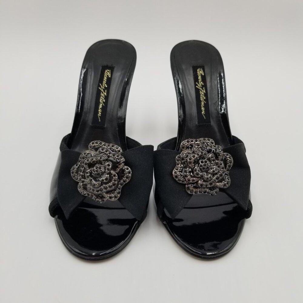 Beverly Feldman Heels 6 Vintage Rhinestone Embellished Bow Black Patent Leather